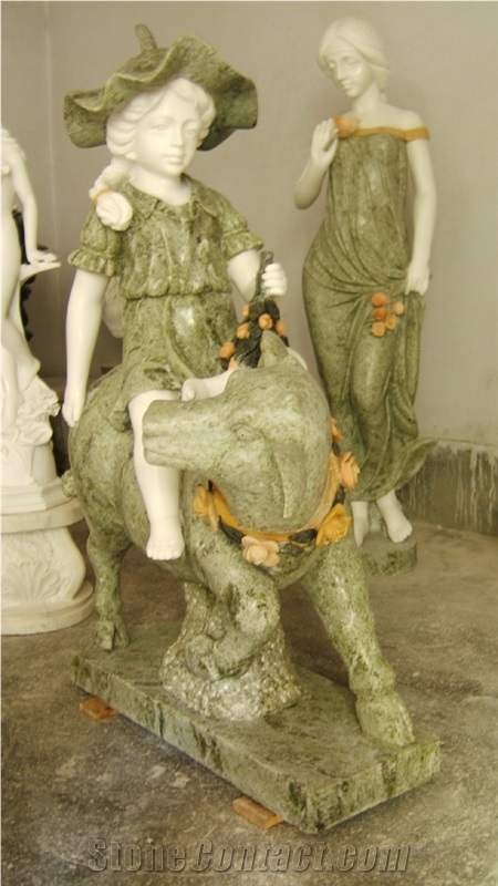 children with animals sculptures,green marble sculptures