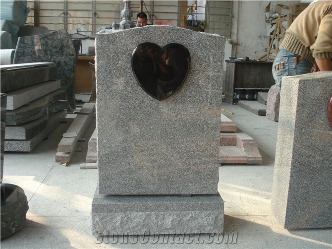 Dark Grey Granite Tombstone with Black Granite Small Heart on Sales, G654 Dark Grey Granite Monument & Tombstone