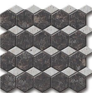 Dark Grey hexagon and white marble Mosaic, wall mosaic, polished mosaic