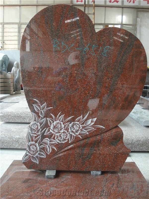 Dark Red Granit Headstone with Flower Carving, Heart Tombstone and Monument