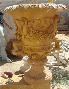 Decorative Garden Yellow Stone Flower Pot with Statue Carving