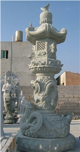 Dragon Carved Tall Grey Stone Lantern, Grey Granite Lanterns