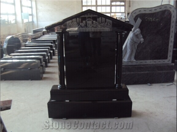 English-Style Shanxi Black Granite Tombstone, Monument, Polished and Carving Temple Design Headstone and Gravestone