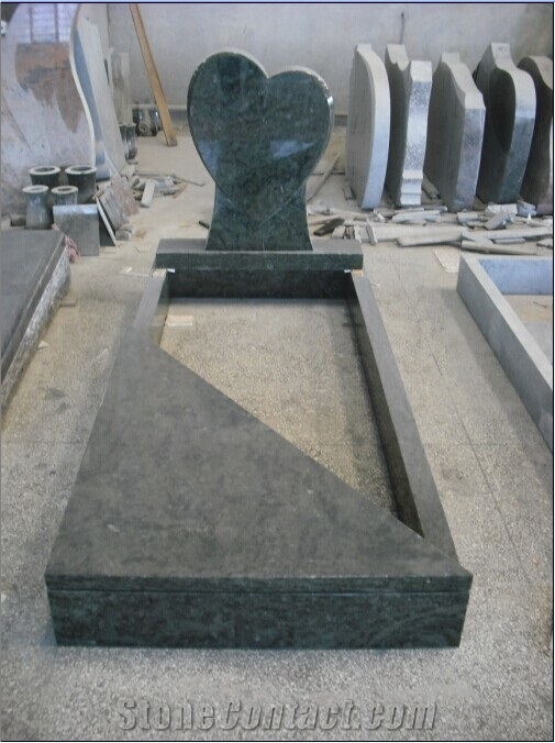 French Style Green Granite Tombstone, Polished and Carving Heart Monument