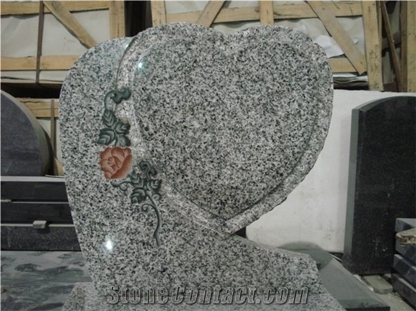 G603 Headstone with Heart and Flower Craving, Heart Tombstone and Monument, G603 Grey Granite Monuments