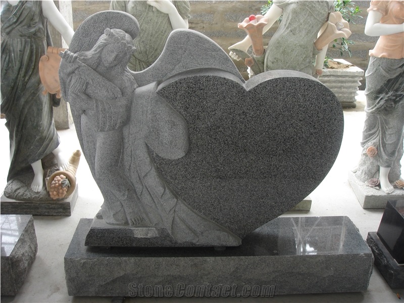 G654 grey granite tombstone, angle and the heart monument