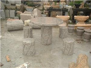 G664 Pink Granite Hand Carve Stone Table and Bench