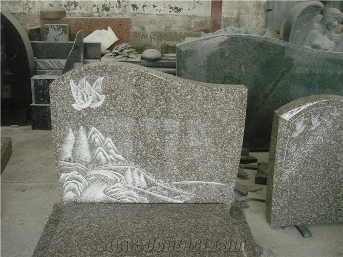 G664 Pink Granite Headstone with Bird Carving