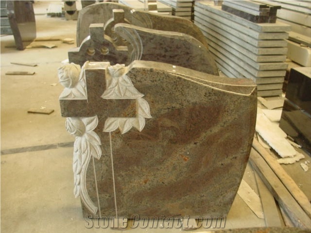 Hand Carved Granite Headstone, Cross and Flower Carving Tombstone