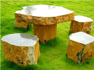 Hand Carved Stone Landscape Garden Table and Bench, Brown Marble Garden Tables