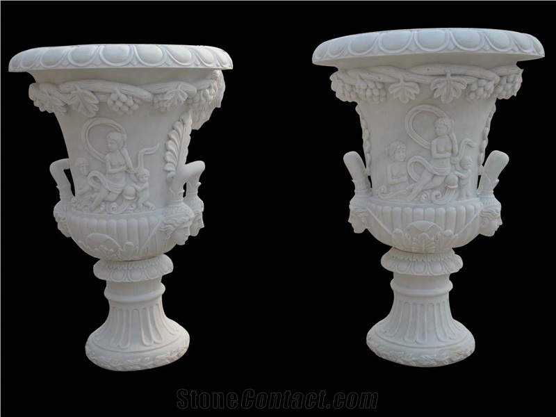 Hand Carved White Mable Flowerpot, White Marble Pots