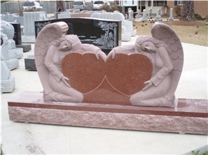 India Red Granite Double Heart Headstone, Double Sleeping Angel Carved Tombstone