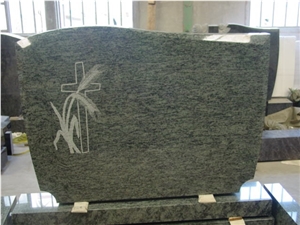 Light Green Granite Headstone with Cross Carving, Tombstone, Gravestone, Monument