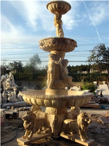 Marble Water Fountain, Yellow Marble Water Garden Fountain with Angle Statue and Body Sculpture