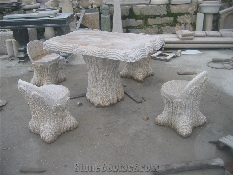 Morden Design Hand Carve G682 Granite Table with Benches, G682 Yellow Granite Benches