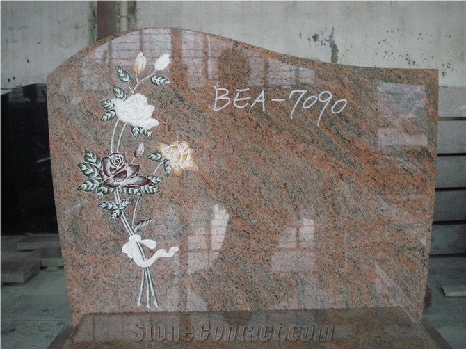Multicolor Red Granite Monument with Flower Carving, Granite Tombstone