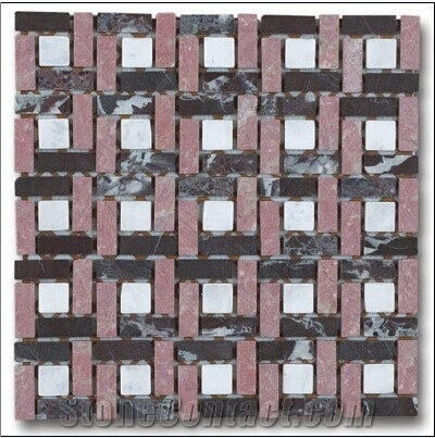 Red and Black Marble Mosaic, Split Face, Linear and Brick Combination Mosaic