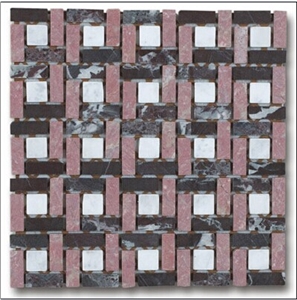 Red and Black Marble Mosaic, Split Face, Linear and Brick Combination Mosaic