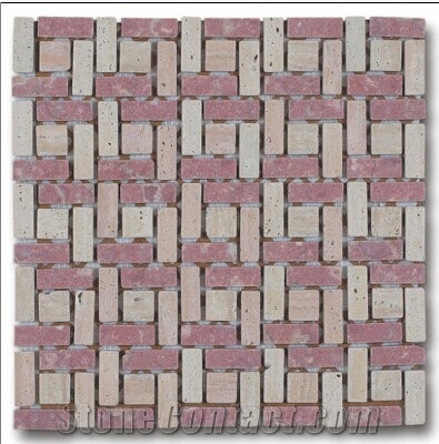 Red Marble and Yellow Travertion Mosaic Pattern, Linear and Brick Combination Mosaic