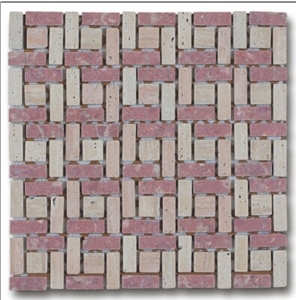 Red Marble and Yellow Travertion Mosaic Pattern, Linear and Brick Combination Mosaic