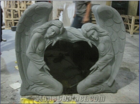 Shanxi Black American Style Granite Tombstone, Double Angle Hold the Heart Monument,Polished and Carving Headstone&Gravestone