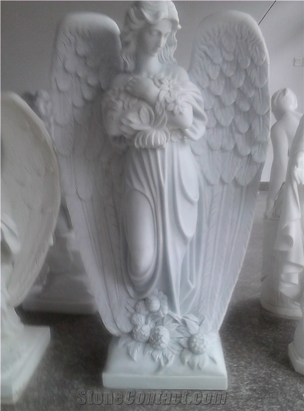 Western Figure Statue,Winged Angel Sculpture,White Carving Statue,Outdoor Garden Sculpture, Winged Angel Stone Statue White Marble Sculptures