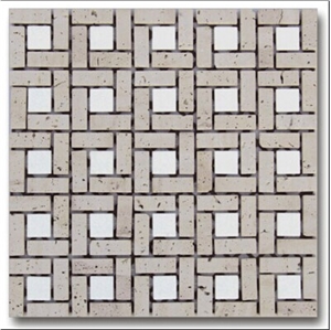 white marble and Yellow travertion Mosaic Pattern, linear and brick combination mosaic