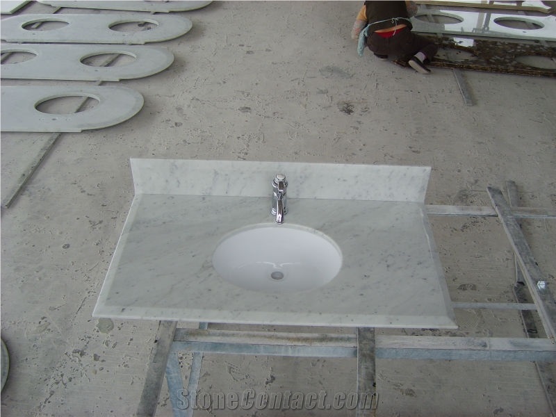 White Polished Marble Bath Countertop with Sink, White Marble Vanity Tops