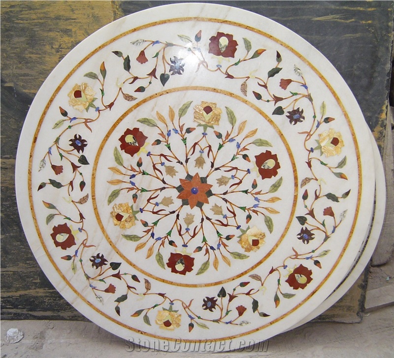 Marble Inlay Table Top, White Marble Tabletops,Reception
