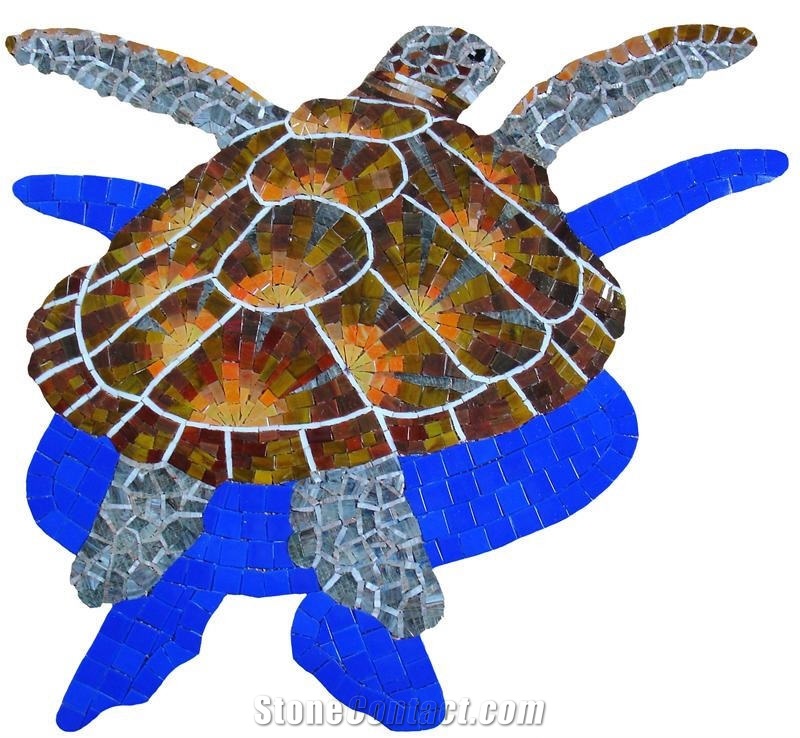 Glass Tile Pool Mosaics - Loggerhead Turtles with Shadow Mosaic