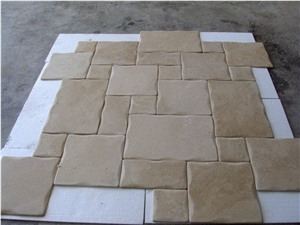 Ivory Travertine Pillow Edges Beige Travertine Flooring Pattern Tiles Antique Style Floor for Exterior Garden Opus Pattern