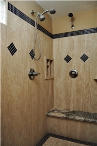 Light Travertine Shower Wall Vein Cut, Classic Light Beige Travertine Bath Design