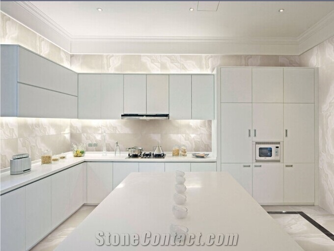 Kitchen Countertops Of Crystallized Glass Stone, White Quartz Kitchen Countertops