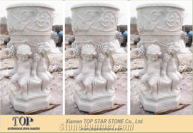 White Marble Flower Pot with Grape Carving