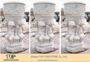 White Marble Flower Pot with Grape Carving