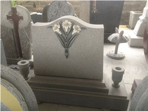 Chinese Granite G603 Engraved Flower Tombstone with Vases
