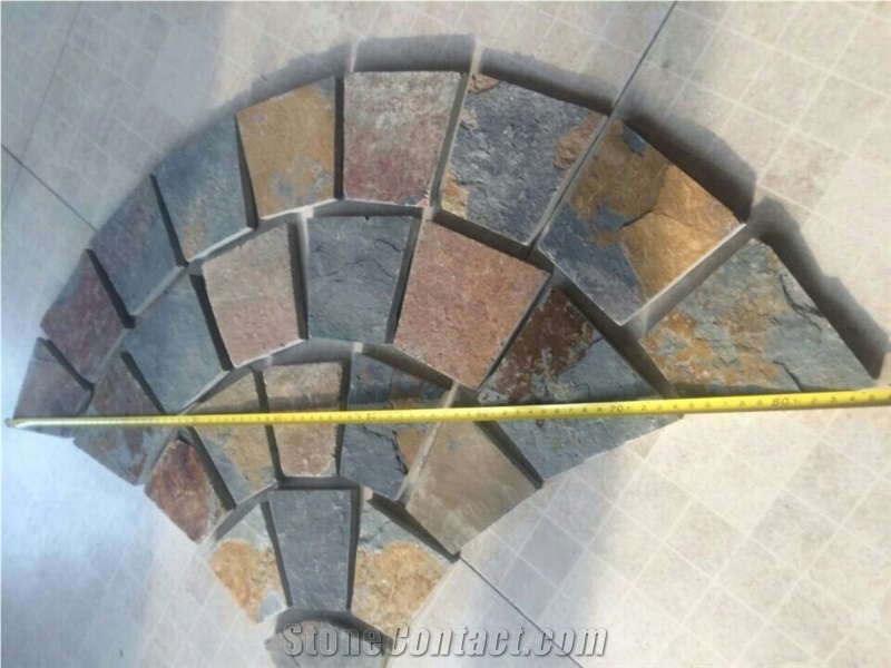S015 Rusty Brown Slate Fan Shape Paving,Multi Color Slate Meshed Cobble and Cube Stone