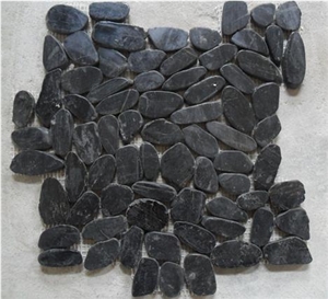 Black Flat-Split Pebble Tile,Mesh Pebble Stone,Machine Pebble