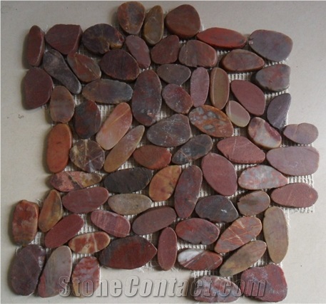 Red Flat-Split Pebble Tile(Ordinary Polished),Machine Pebble Stone