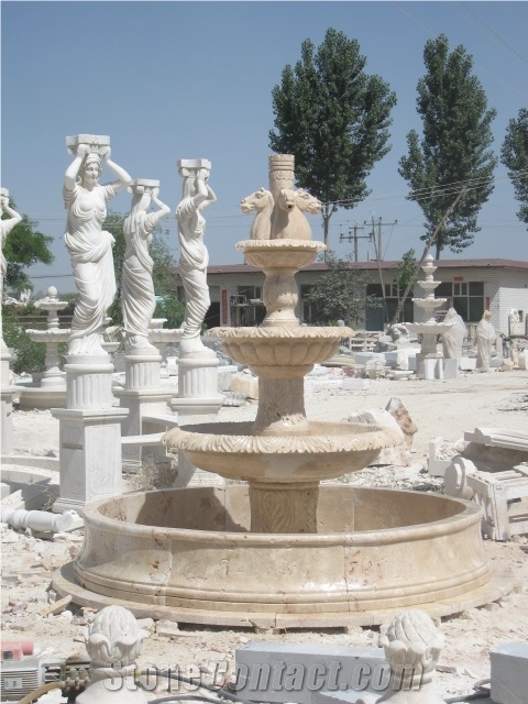 Beige Travertine Pool Fountain with Floor in Side