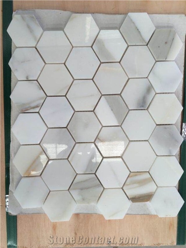 Calacatta Gold, Wooden White Marble Mosaic