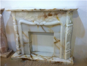 China White Onyx Fireplace Mantel Flower Sculptured/Carving,White Onyx Fireplace Insert