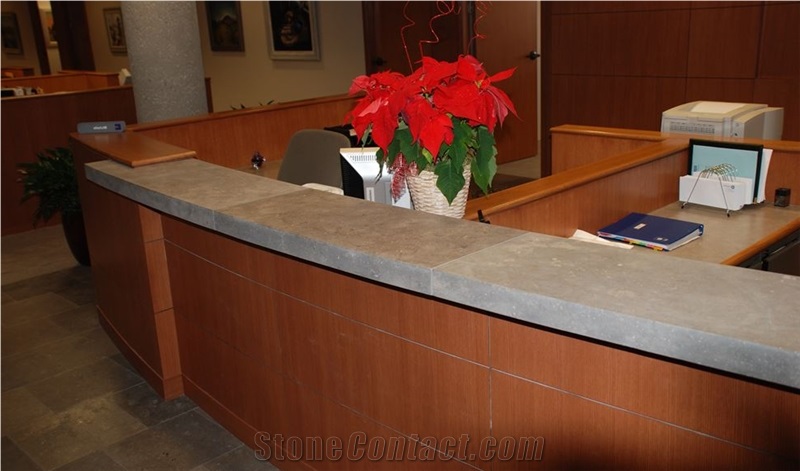 Flint Hills Limestone Gray Honed Reception Desk Top, 3/8"X3/8" Bevel Top Edge