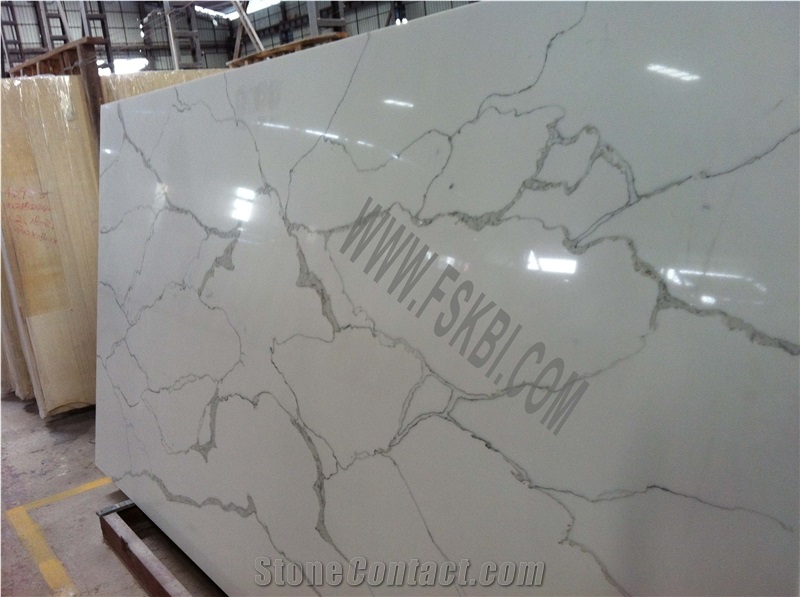 Calacatta White Quartz Stone Slab, Veined Texture Engineered Stone