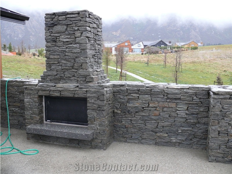 Guillotined Gibbston Grey Schist Outdoor Fireplace Chimney