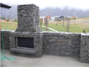 Guillotined Gibbston Grey Schist Outdoor Fireplace Chimney