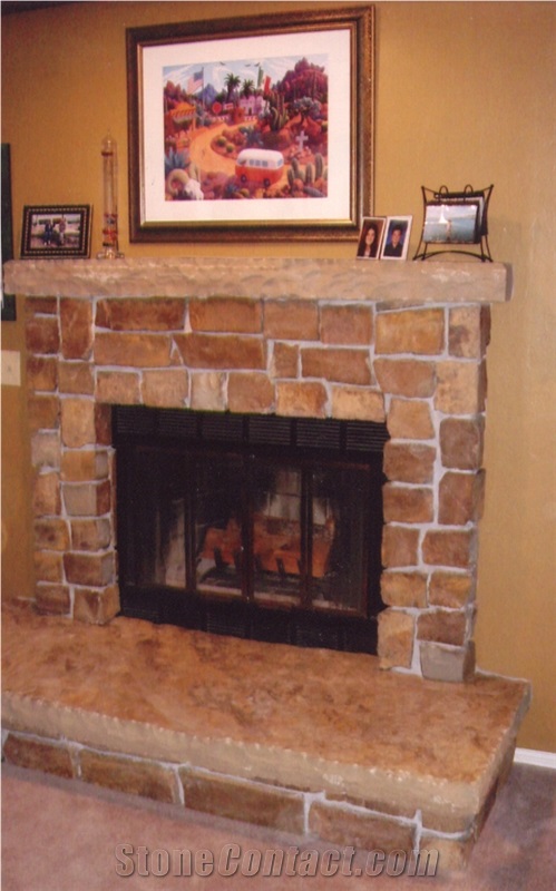 Ranchers Thin Veneer Split Face Rock Fireplace with Autumn Blend Hearth & Mantle Slabs