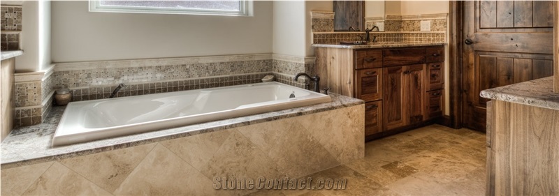 Caramel Travertine Bathroom Floor, Bath Tub Surround