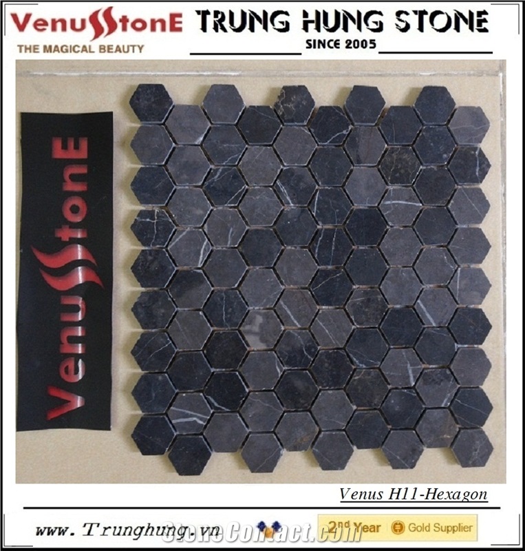 1.18 Blue Stone Hexagon Marble Mosaic Tile Honed, Vietnam Blue Stone Black Marble Mosaic