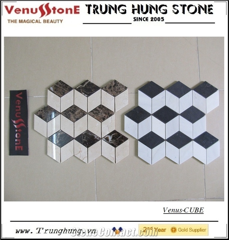Black and White Cube 3d Marble Mosaic for Modern Decoration- Vietnam Milky White Marble + Vietnam Blue Stone